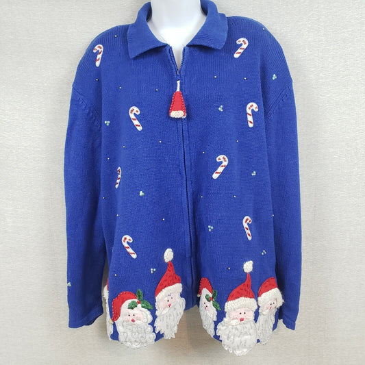 2004 Heirloom Collectibles 1XL Christmas Sweater Santa Claus Blue Zip Cardigan