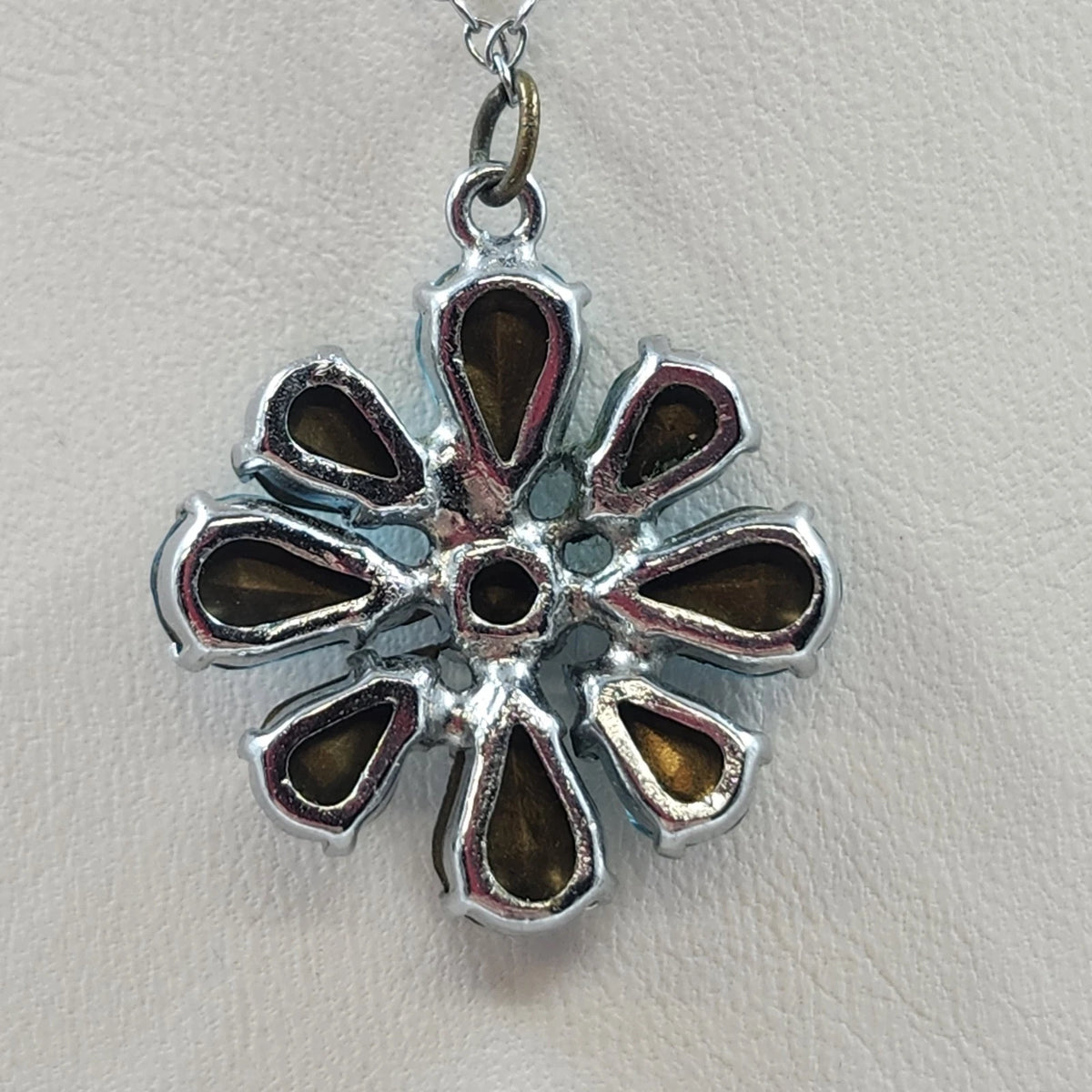 Blue Teal Rhinestone Flower Pendant Necklace Silver Tone Teardrop Stones 15"
