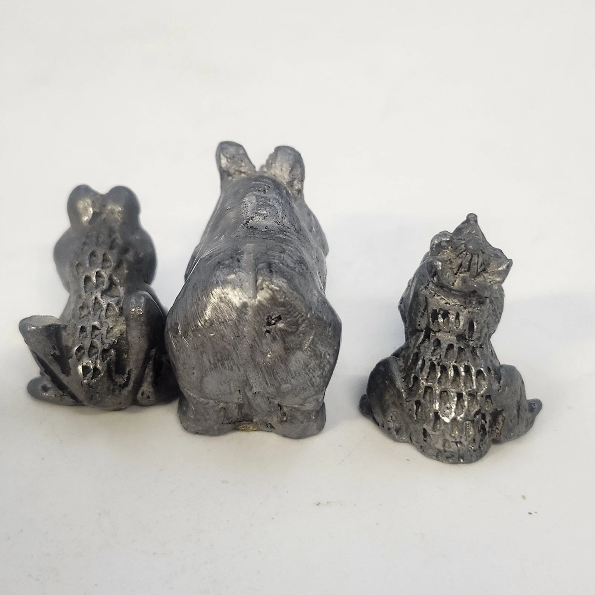 Pewter Animal Figurine Lot 3 Frog Prince Toad Rhinoceros Vintage Cartoon Style