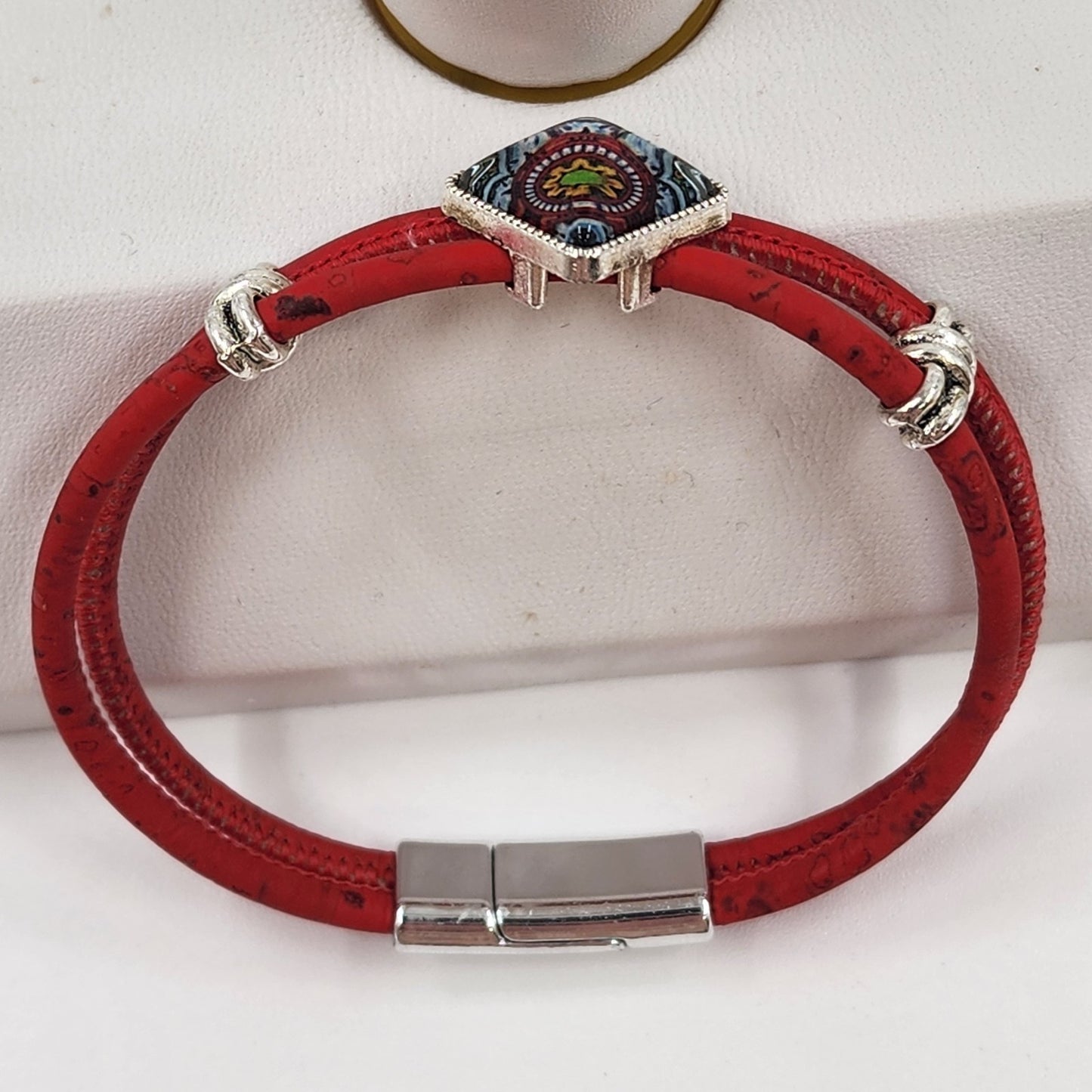 Red Cord Bracelet w/ Silver Tone Mosaic Slide Charm Boho Jewelry Magnetic Clasp