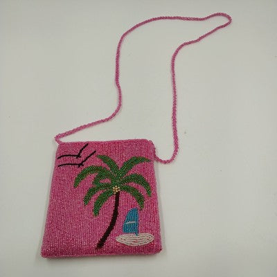 Ermo Collection Beaded Pink Purse Bag Palm Tree Design Lined Vintage China