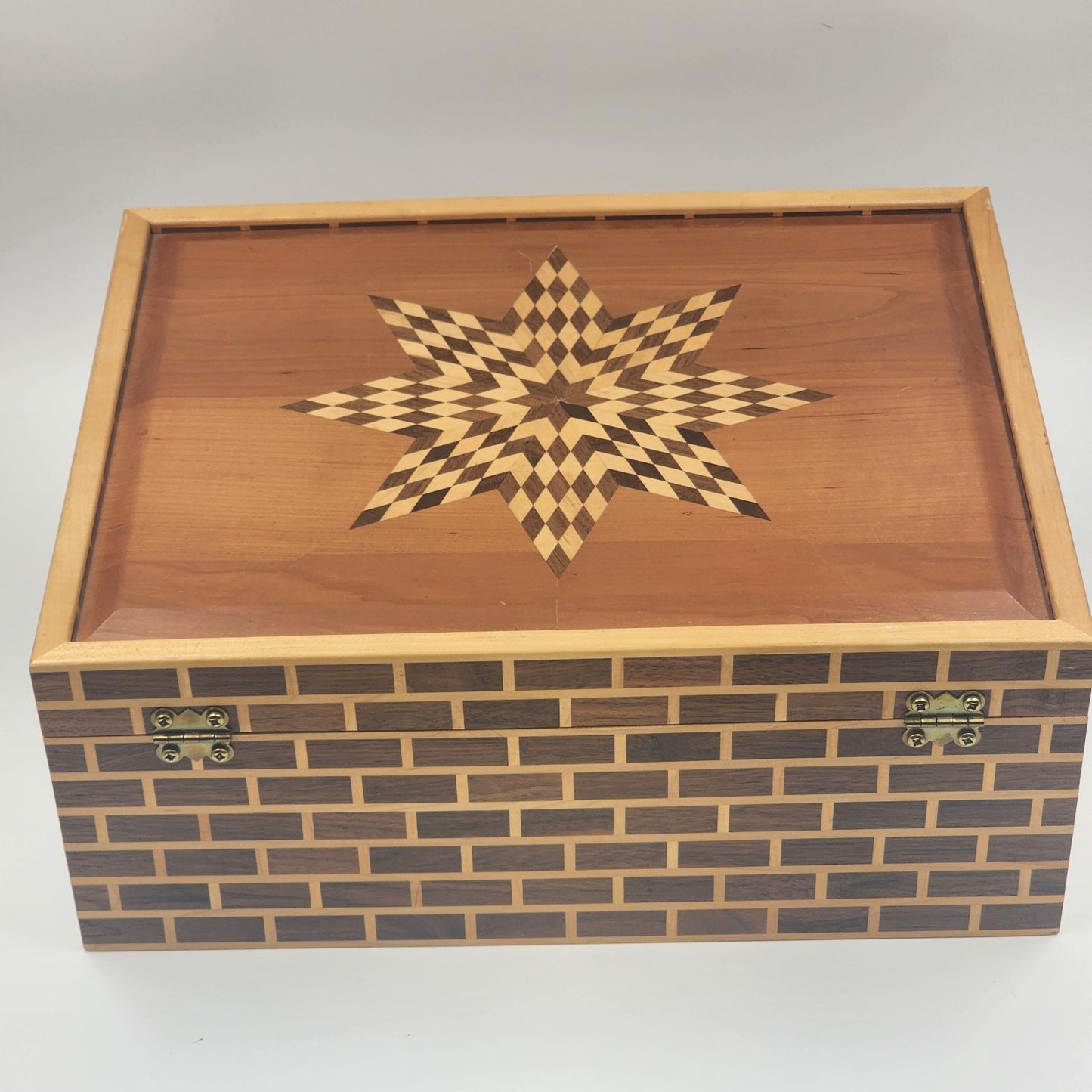 Thuya Moroccan Wood Large Jewelry Box – Handmade 17” Brick Design with Starburst Inlay Lid – Green Felt Lined – Artisan Keepsake Storage Chest