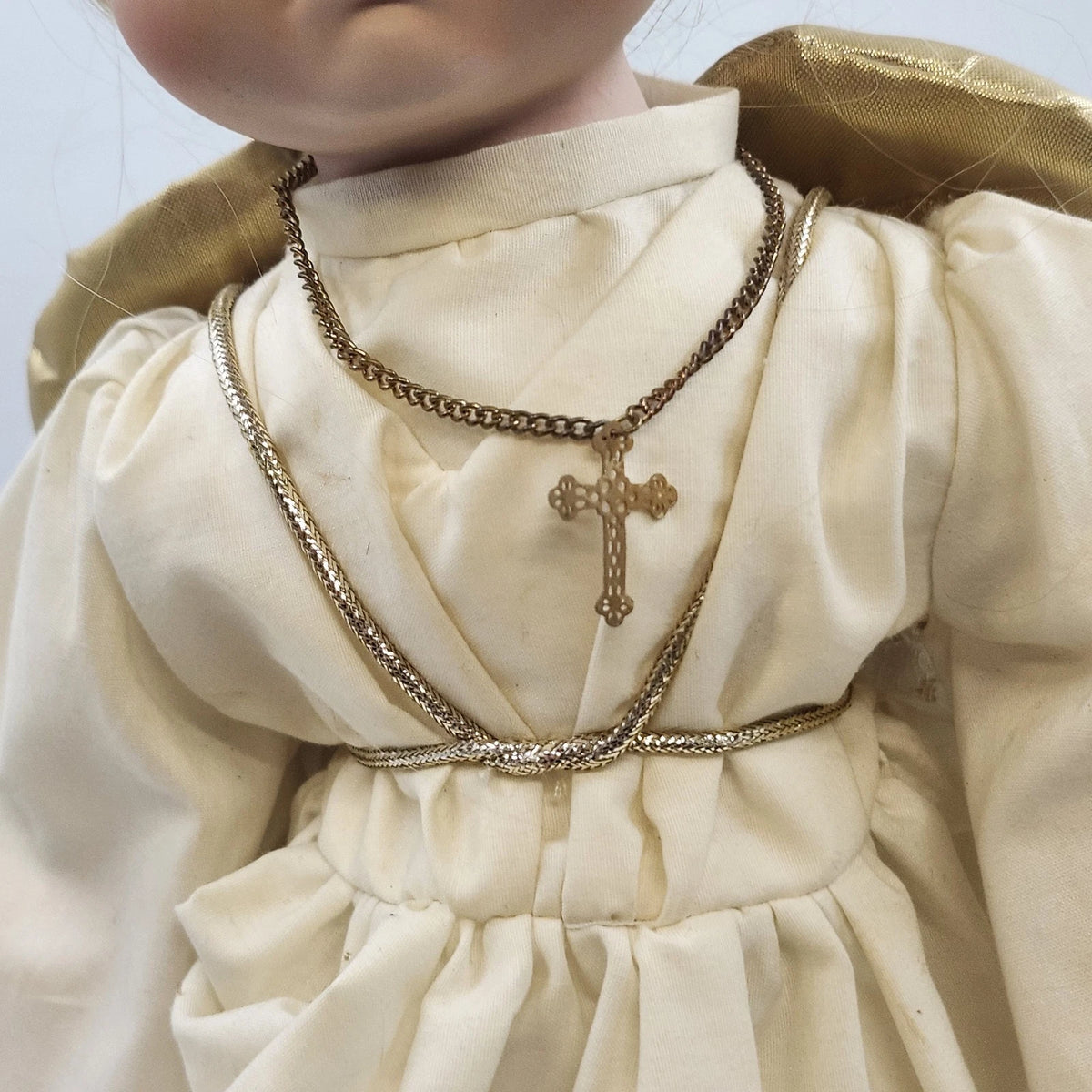 Porcelain Angel Doll Blonde White Robe Gold Wings Cross Stand 17" China Vintage