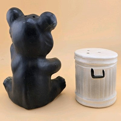 Bear Trash Can Salt Pepper Shakers Plastic Stopper Japan Chalk Ware Ceramic 4.5"