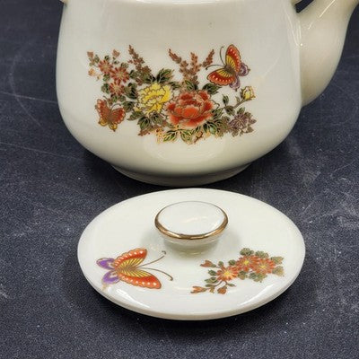 Teapot Set 4 Cups OMC Japan Butterflies Various Flowers w Rattan Handle Vintage