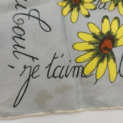 French Daisy Print Silk Scarf 17" Square Grey Yellow Brown Floral Design Vintage