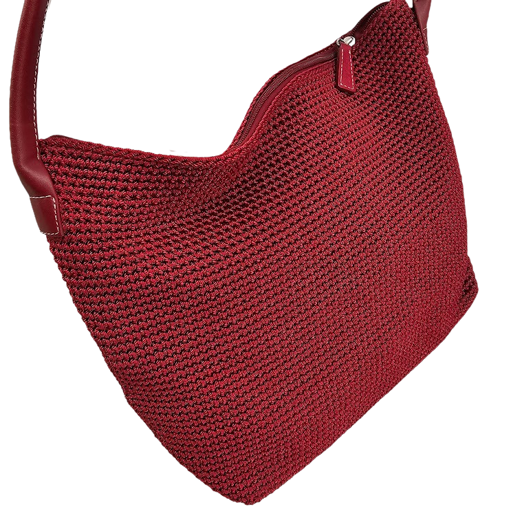 The Sak Red Woven Crochet Shoulder Bag Purse Leather Strap 12"x10"x6" Vintage