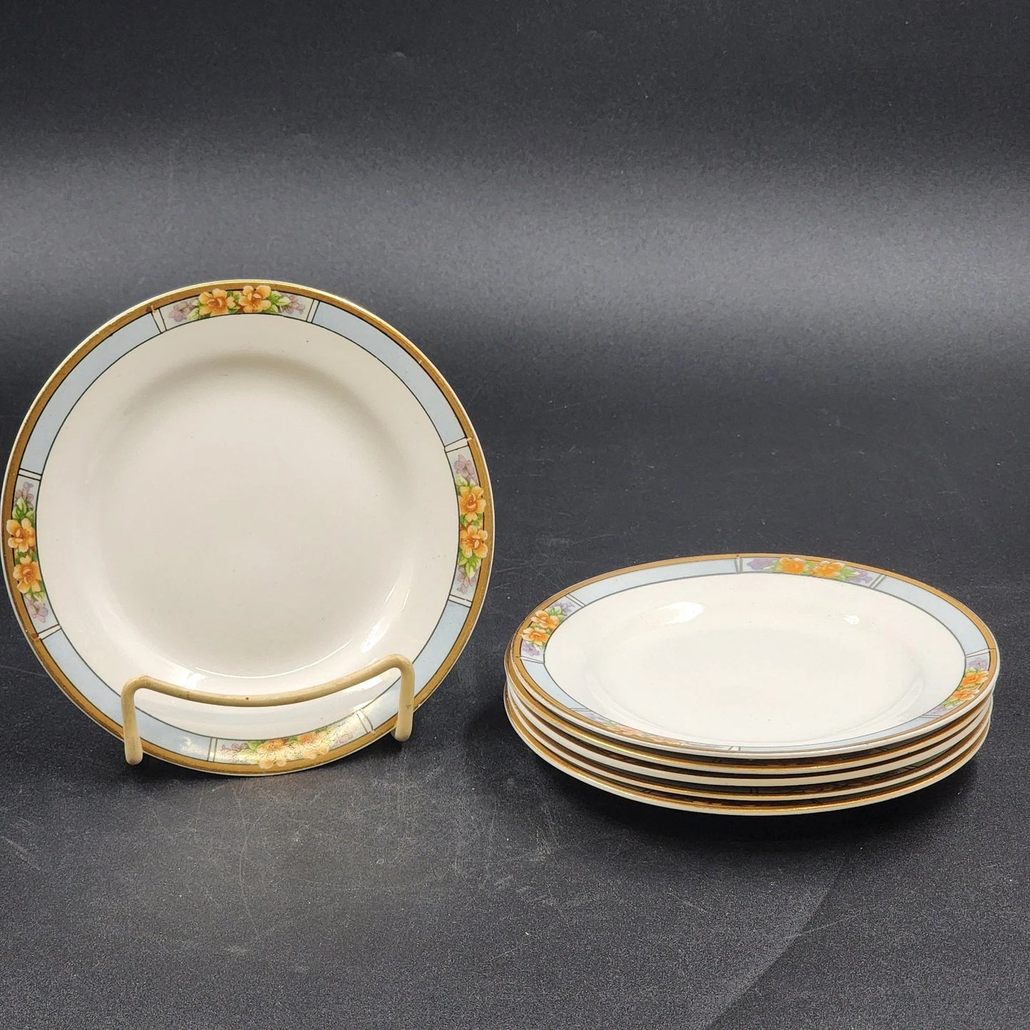 6 Nebraska Blue Bread & Butter Plates England Blue Rim Flower Accent J&G Meakin