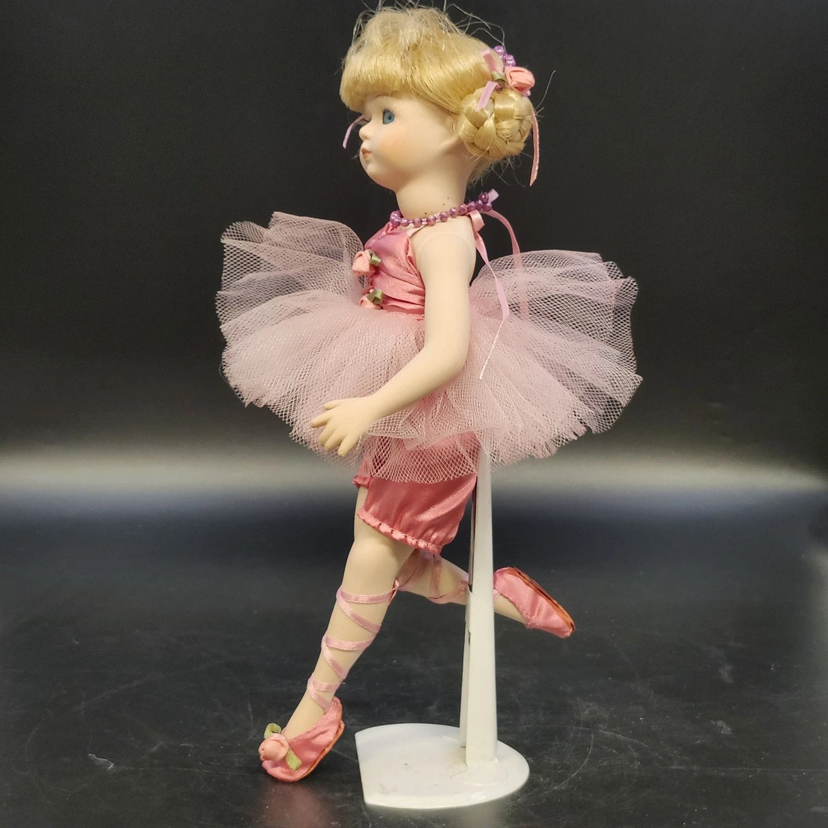 Porcelain Ballerina Doll Blonde Blue Eyes Pink Tutu Shoes Ballet Pose Stand 12"