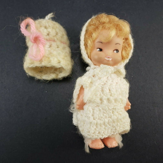 Vintage 4” Vinyl Baby Doll Hong Kong Handmade Crochet Outfit Dollhouse 1960's