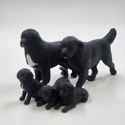 Black Labrador Dog Family Figurines 5 Pc Set 2 Large Dogs 3 Puppies Decor