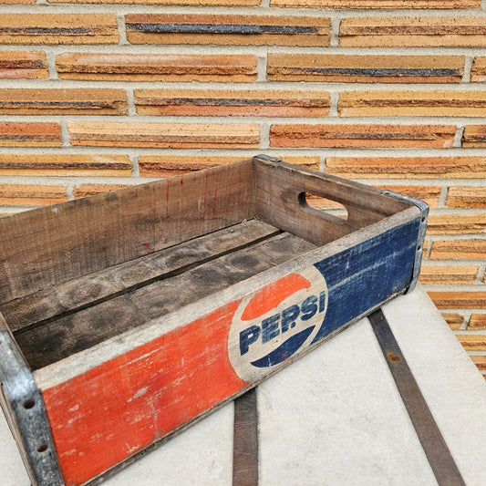 Wood Pepsi Cola Crate Soda Pop Vintage Case Advertising 1985 SW Metal Edge