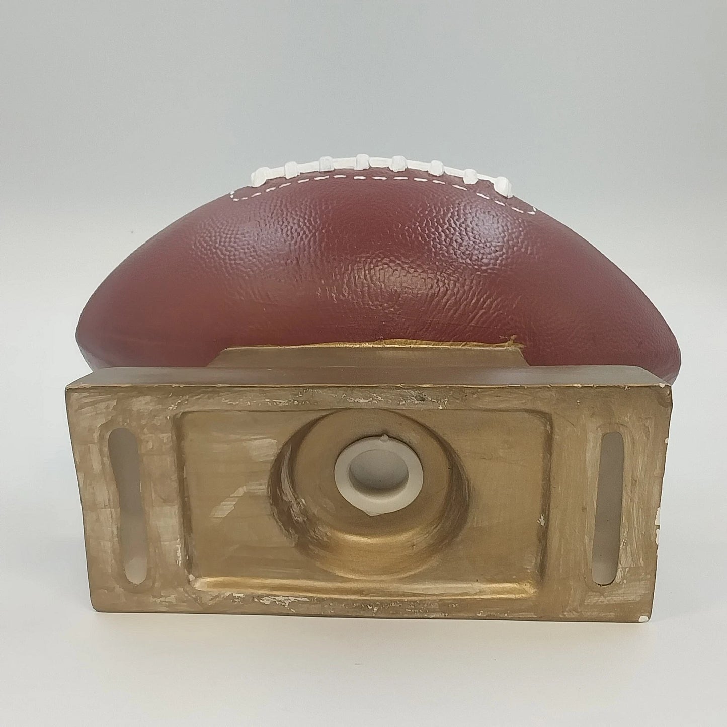Ceramic Football Coin Bank Textured Sport Piggy Bank Brown on Pedestal Base 9.5"