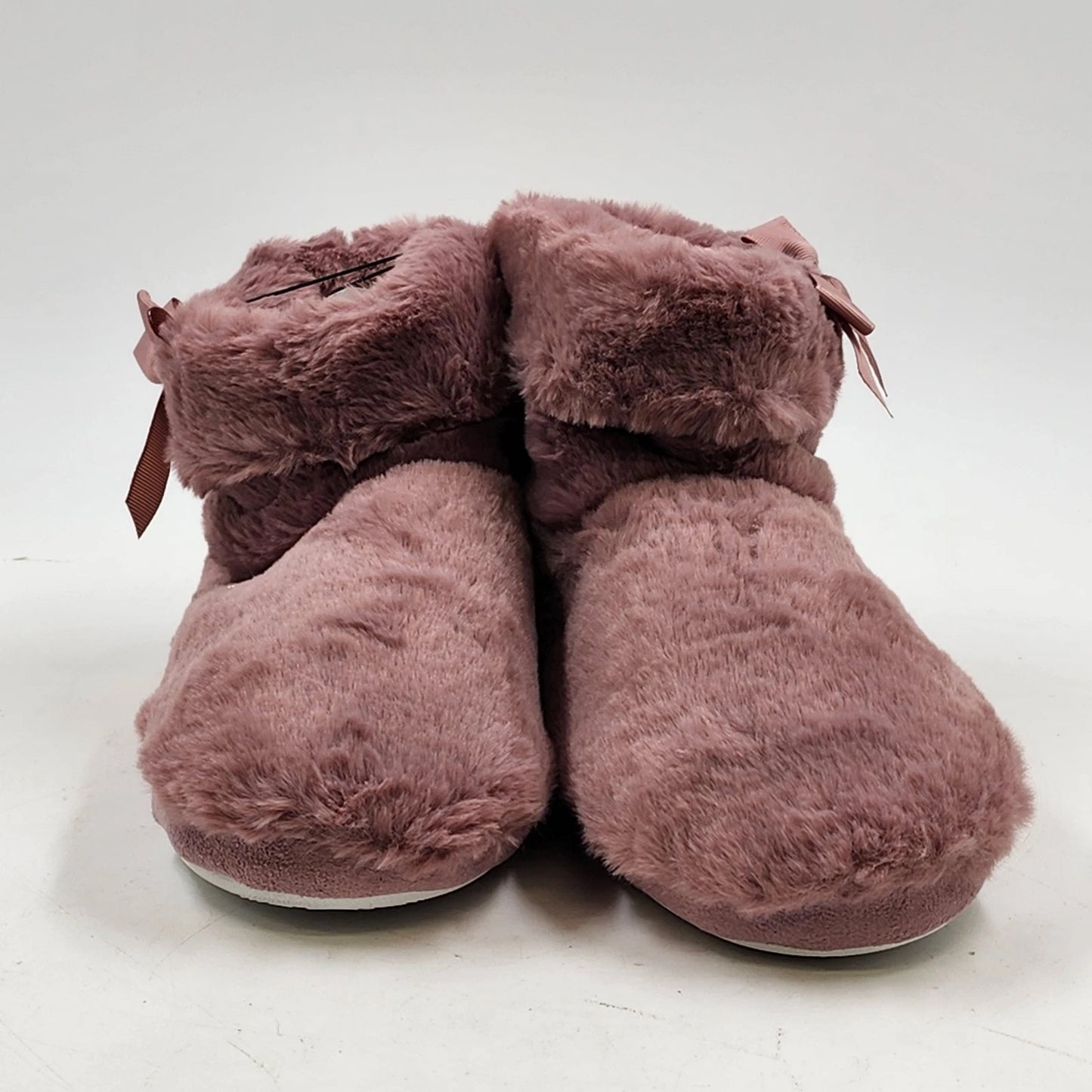 Faux Fur Slippers Pull-On Bootie Women's Dirty Pink Size Medium 7-8 with Ribbon