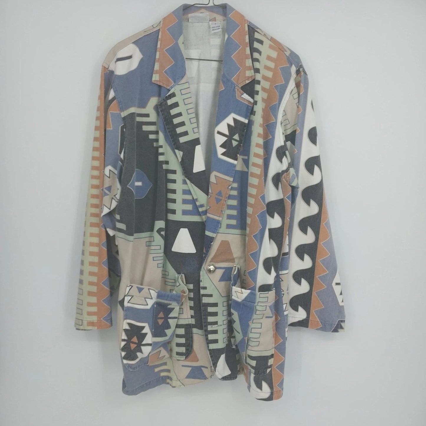 Geometric Blazer Pants Suit Set Blue Southwest Aztec Cotton Size 1 Vintage