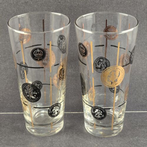 Set of 2 Libbey MCM Black & Gold Coin Bar Highball Tumblers Clear Glass 14 oz