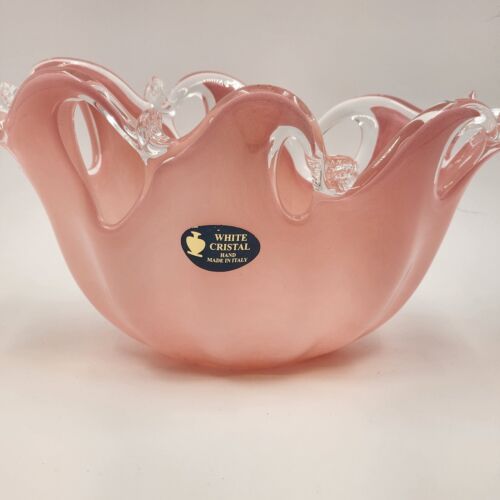 Murano Glass White Crystal Pink Bowl Handmade Italy Italian Blown Glass Oblong