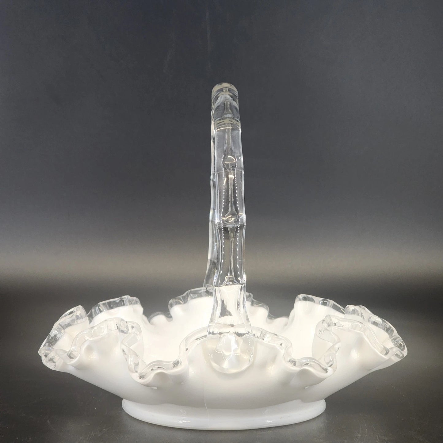 Fenton Silver Crest Milk Glass Basket Ruffled Edge Handle 8" Candy Dish
