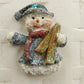 Holiday Snowman Brooch Pin Holding Logs w Neck Warmer Gray Hat Glittery Vintage