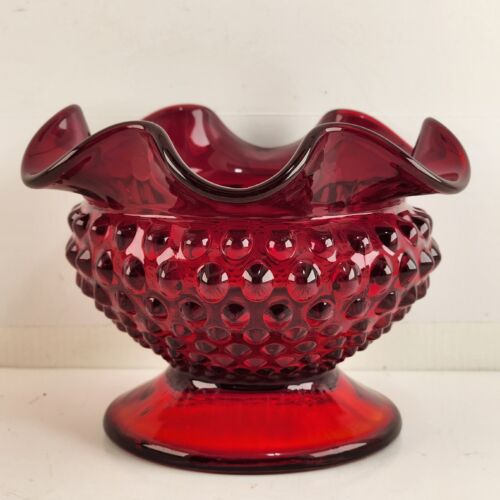 Fenton Old Virginia Glass Bowl Ruby Red Hobnail Footed Ruffled Edge Vintage 6"
