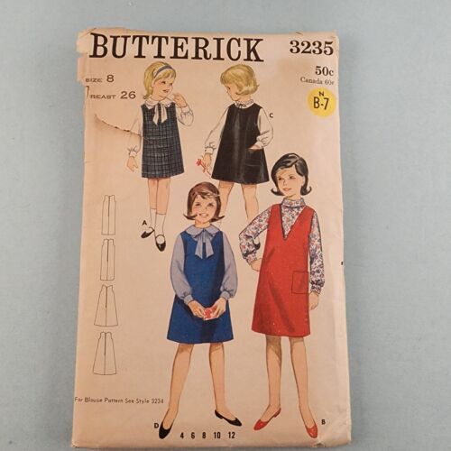 Butterick 3235 Vintage Sewing Pattern 1960s Girls Jumpers Size 8 Four Versions