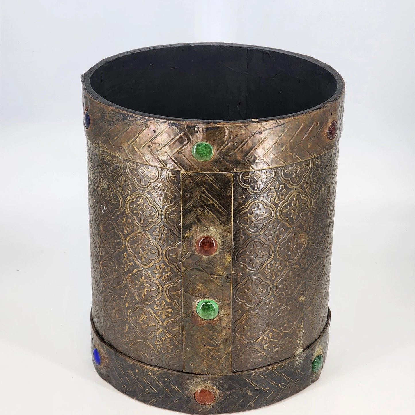 Hammered Brass Over Wood Cylinder Container Medieval Design 8.5"d x 10.25"h