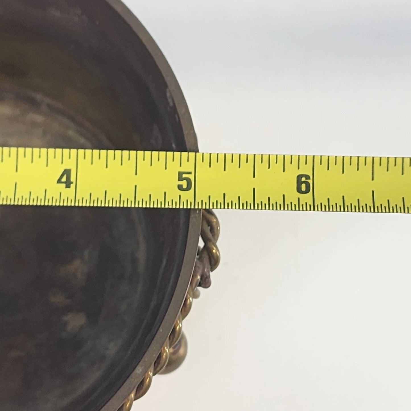 Kirklands Brass Bucket Basket 5" Rope Twist Around Body Tooled Handle Vintage