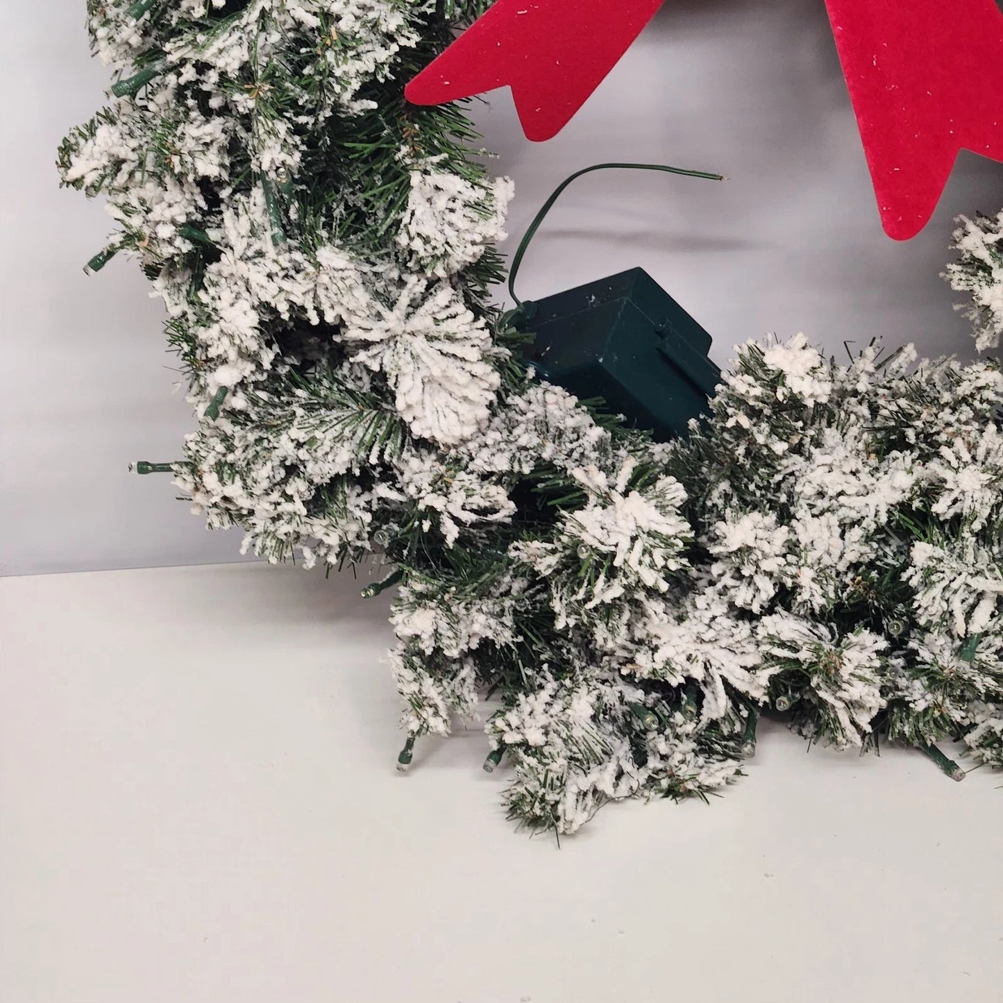 Christmas Wreath 22" Green White Snow Flocked Bow LED Lights Battery Operated