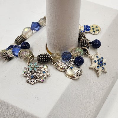 Kenneth Cole Silver Tone Blue White Snowman Christmas Winter Charm Bracelet