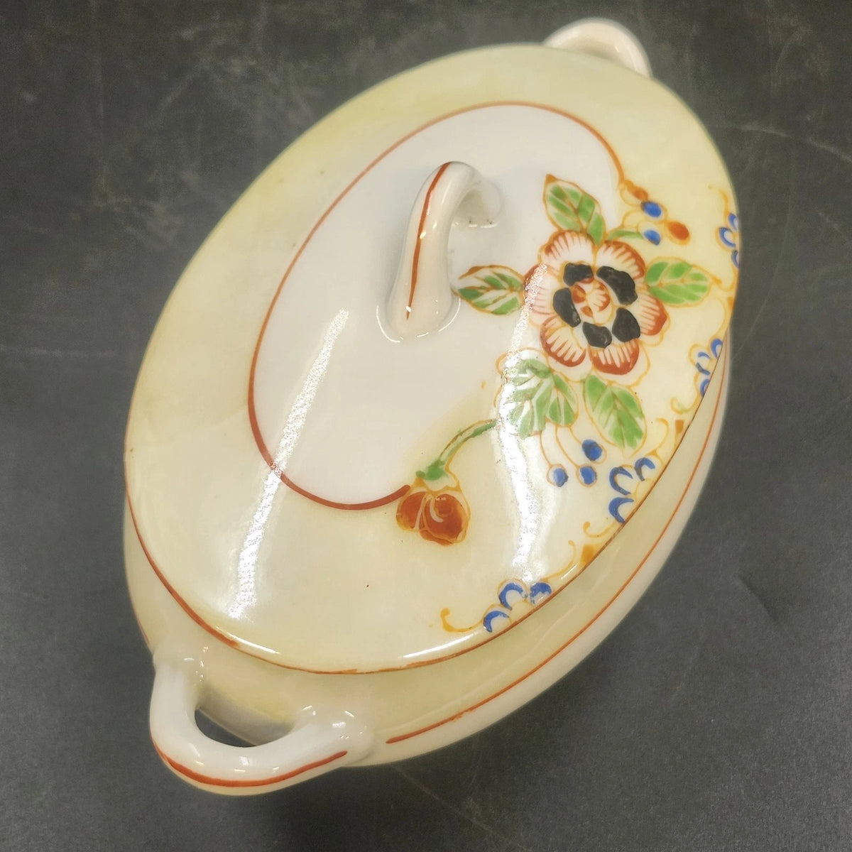 Hand Painted Floral Porcelain Covered Serving Bowl 6.5" Double Handle Japan