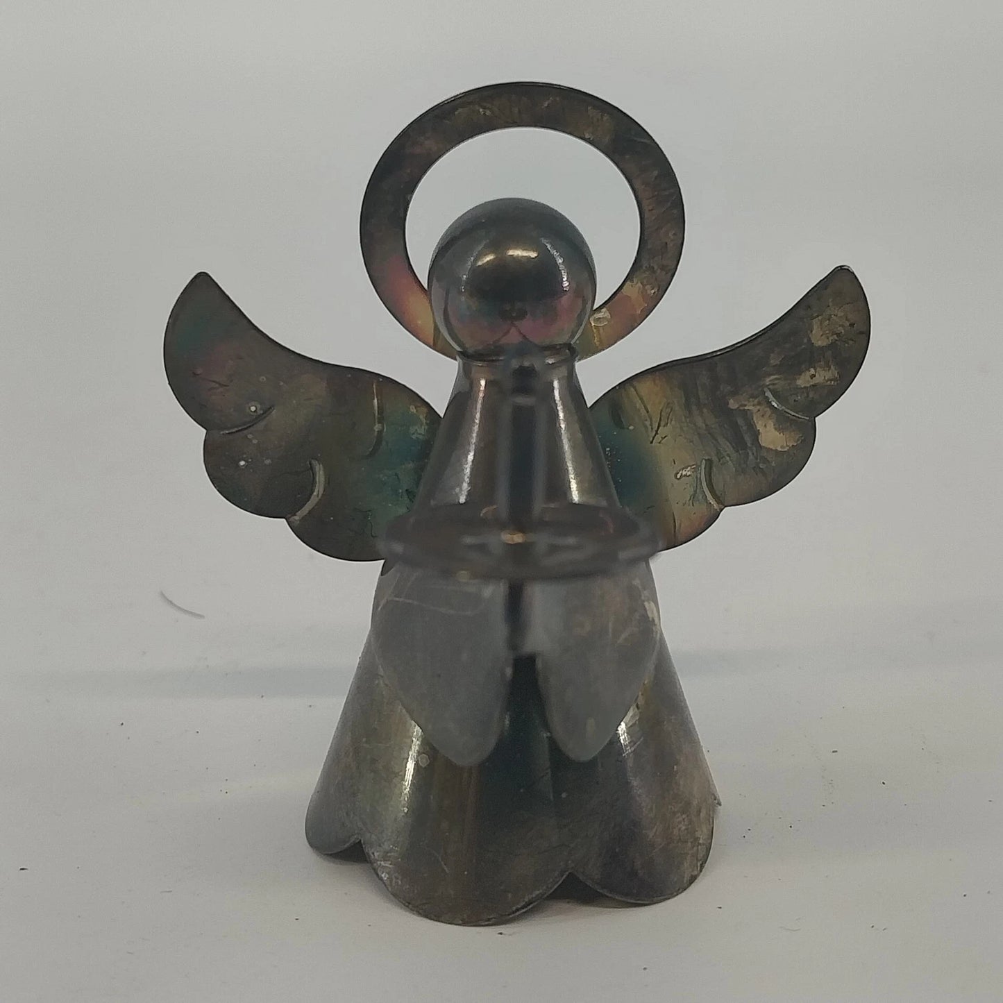 Silver Tone Metal Angel Candle Holder Halo Wings Figurine 2¼" Christmas Vintage