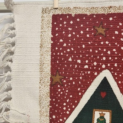 Wall Hanging Area Rug Christmas Pattern Fabric Panel Fringed Heavy Cloth 36"x20"