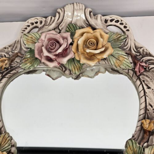 Large Capodimonte Porcelain Mirror Dresser Vanity Tray Roses Hour Glass Shape - Chipped Petal