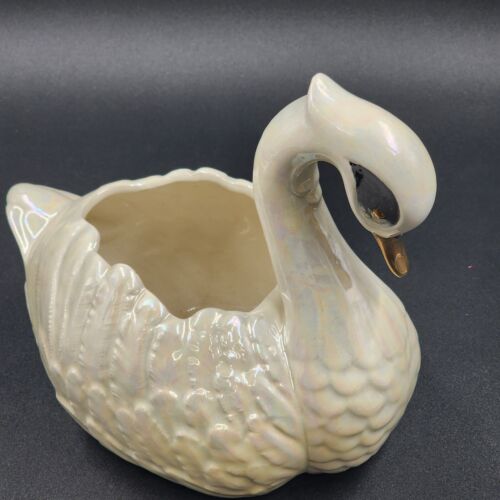 Swan Planter White Iridescent Glazing Black Eyes Gold Beak MCM Vintage 8"h