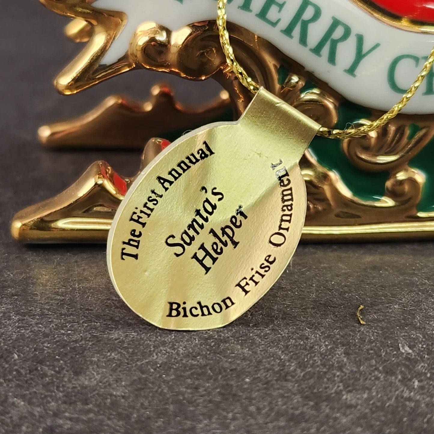 Danbury Mint 2006 Santa’s Helper Bichon Frise Dog Sleigh Christmas Ornament Vtg