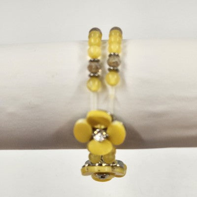 Yellow Faux Pearl & Flower Disc w Rhinestone Motif Double Strand Bracelet 3.75"