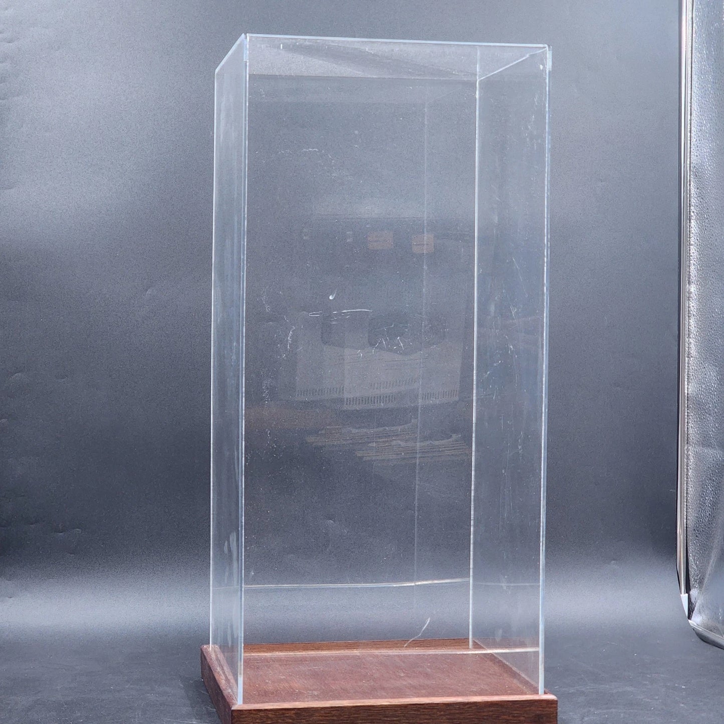 Clear Acrylic Display Case 10x10x23" Display Box with Wood Base Collectible USED