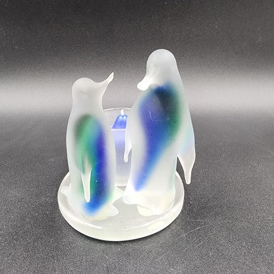 Partylite Frosted Glass Blue Green Two Penguin Candle Holder Votive Rack 5"x3.5"