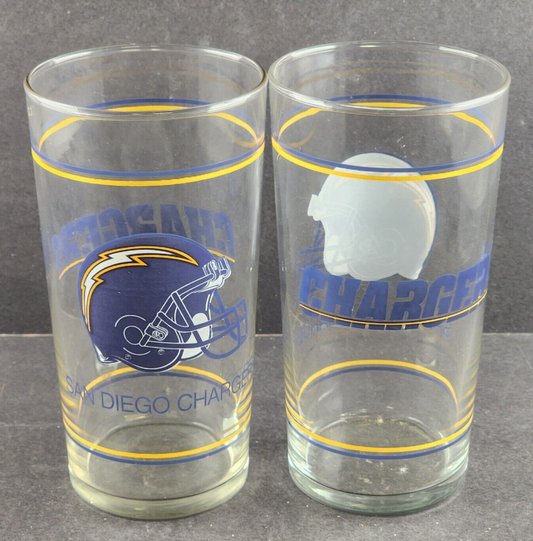 2 San Diego Chargers Drinking Glass Helmet Logo Collectors NFL Mobil Vintage