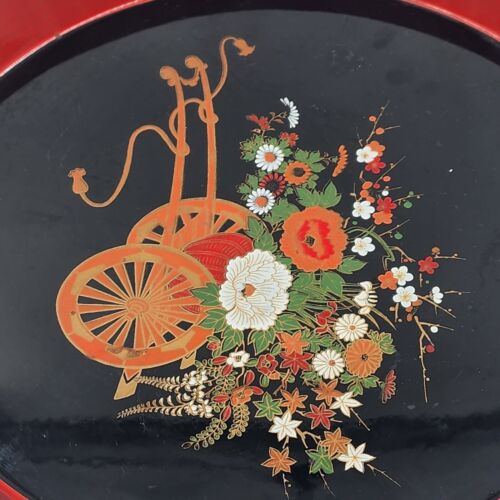 Hard Plastic Round Tray 13” Color Floral Cart Japan Black with Orange Trim Vtg
