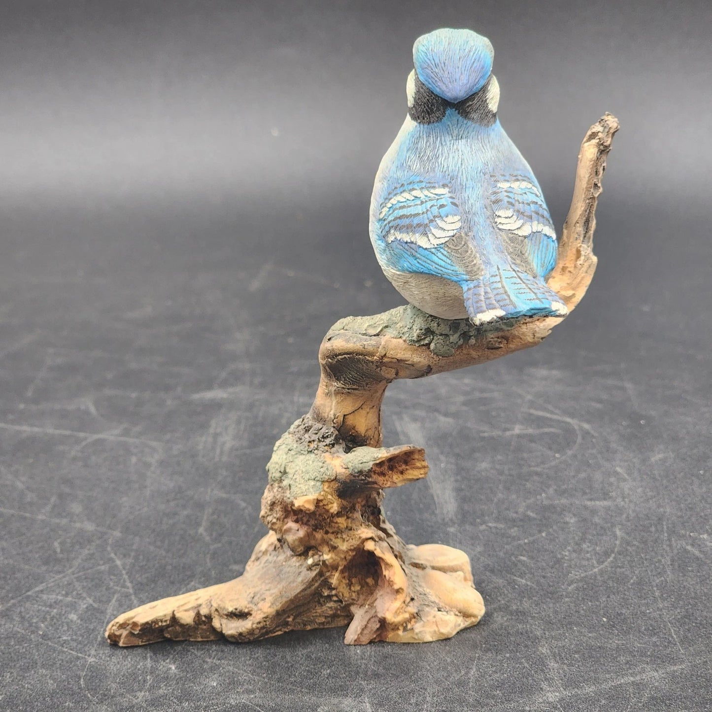 Molded Painted Blue Jay Bird Sculpture Resin 5.5" Perched On Branch Figurine Vtg