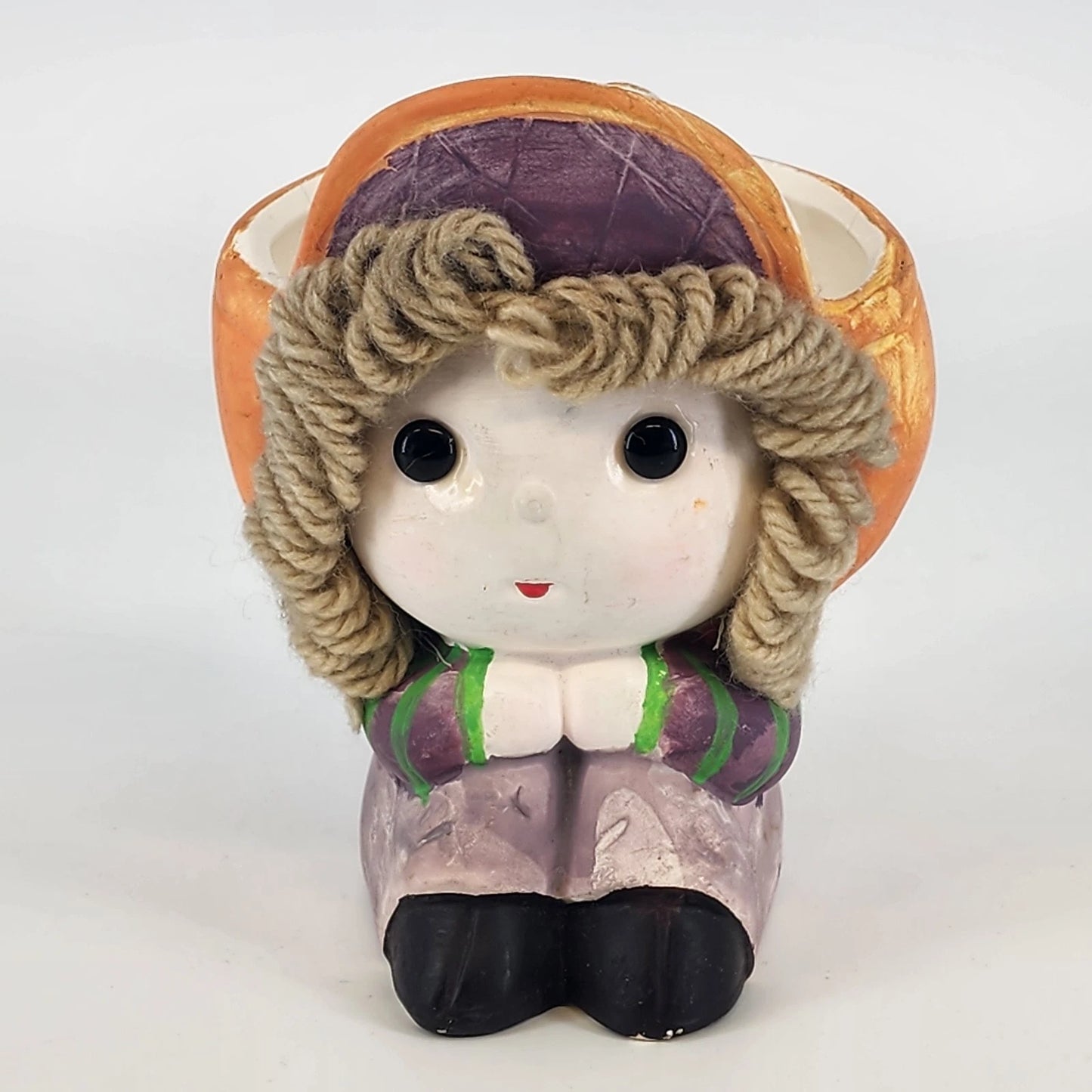 Nancy Pew Kitsch Child Planter Yarn Hair Giftware Co Japan Orange Brown 1970's