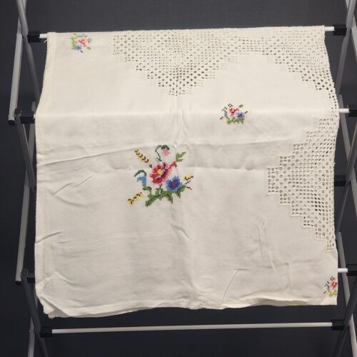 Vintage Tablecloth White w/Embroidered Flowers & White Crochet Inserts 52"