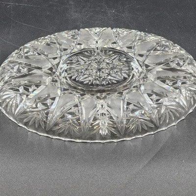 Brilliant Cut Glass Oval Divided Veggie Tray Stars Lines Scallop Edge Center Lid