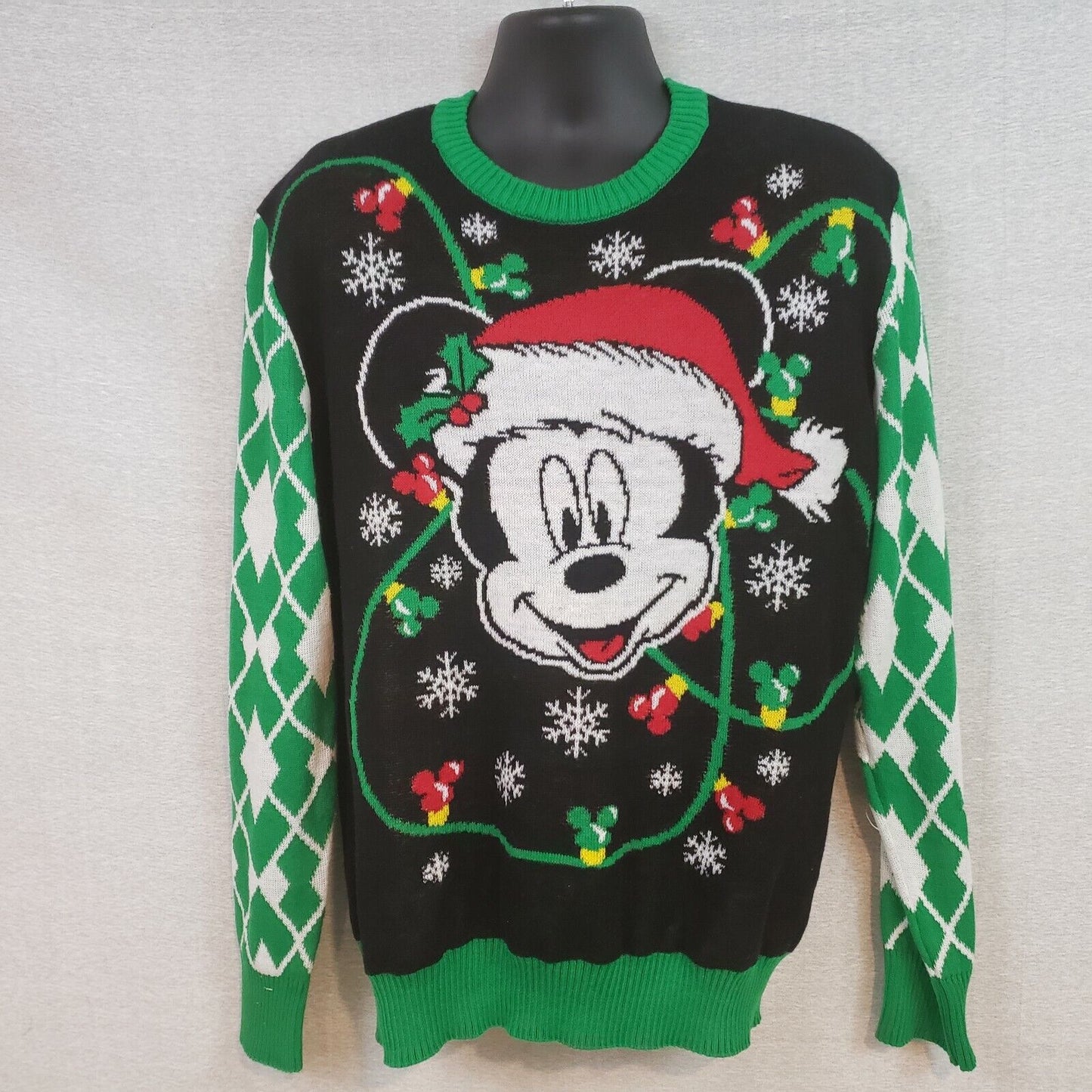 Disney Mickey Mouse Men’s Christmas Sweater L Black Green White Lights NWOT