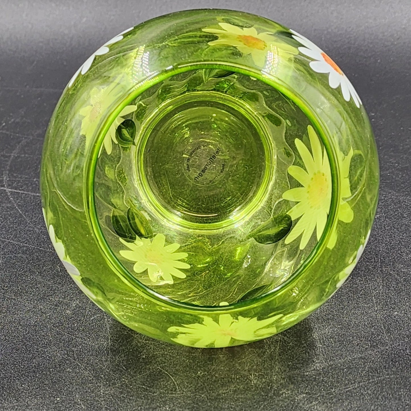 Daisy Green Swirl Glass Vase Hand Painted White Daisies Mid Century Style 7” Vtg