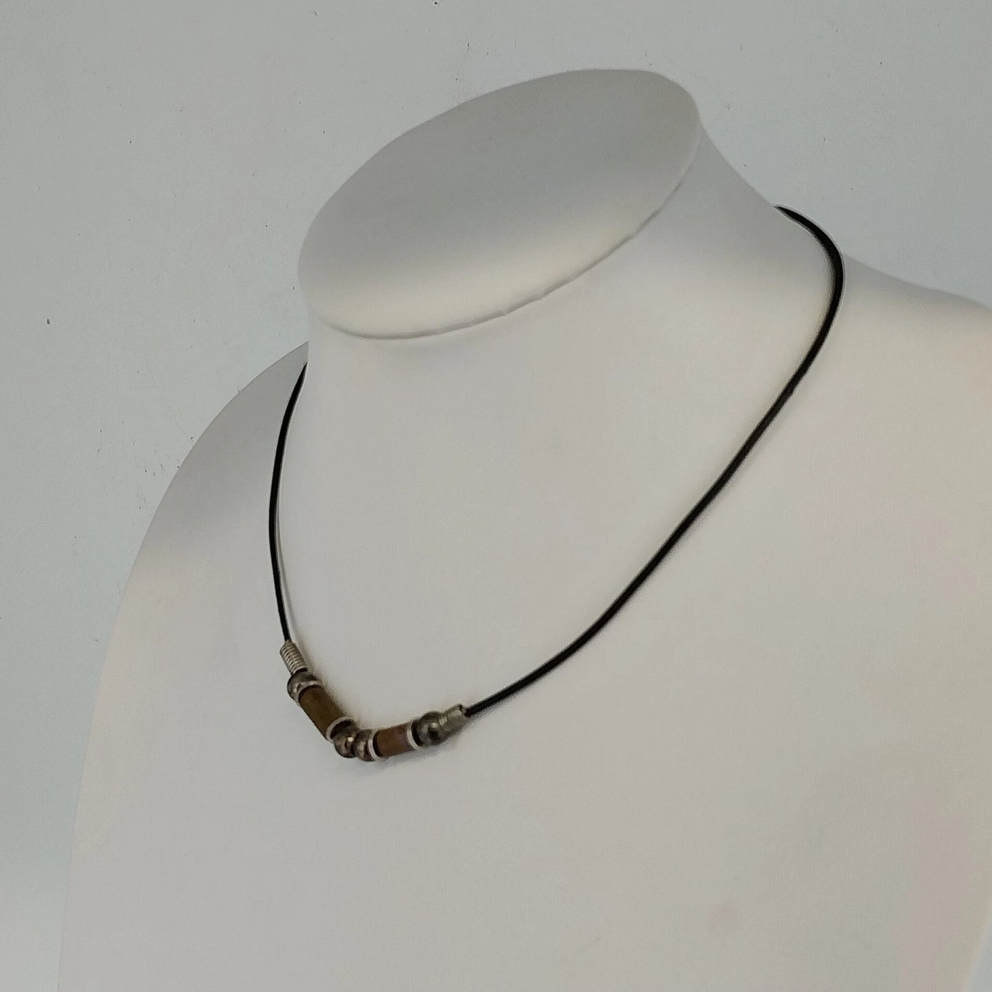 Liska Bali Black Leather Cord Necklace Wood Metal Beads Hook Clasp 17" Bohemian
