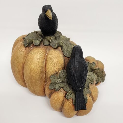 3 Pumpkins and 2 Black Crows Resin Figurine Decoration Autumn Halloween 12" Long