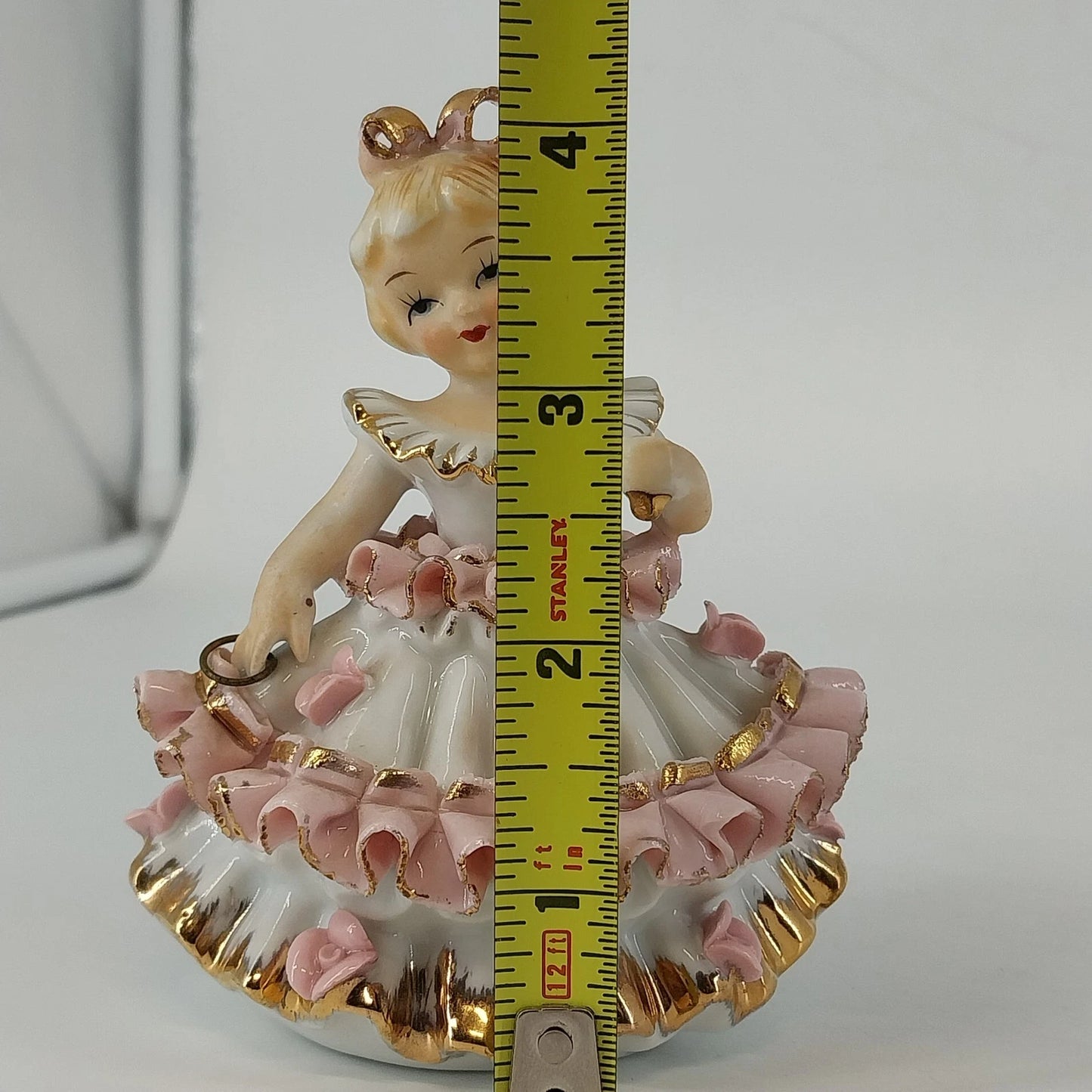 Bloomer Girl Porcelain Figurine Japan White Pink Ruffle Dress with Parasol Top