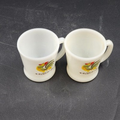 2 Anchor Hocking Fire King Rooster Milk Glass Coffee Mugs Vtg Farmhouse Kitchen